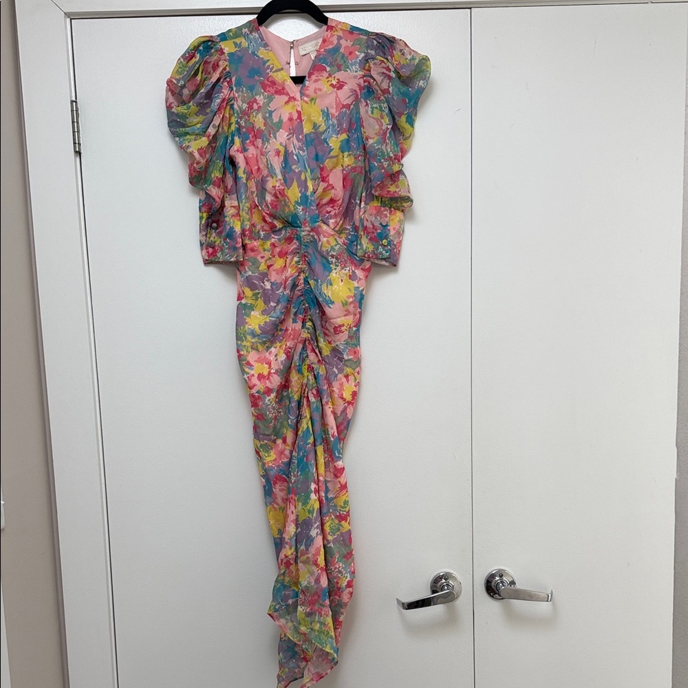 Ronny Kobo Collection Floral Midi Dress in Pink and Teal